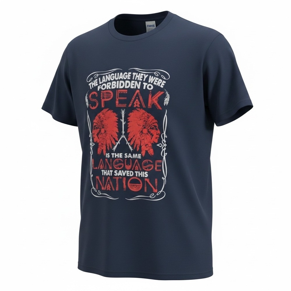 Hanes Mens Large Navy Blue Native American Language Graphic T-Shirt Tagless